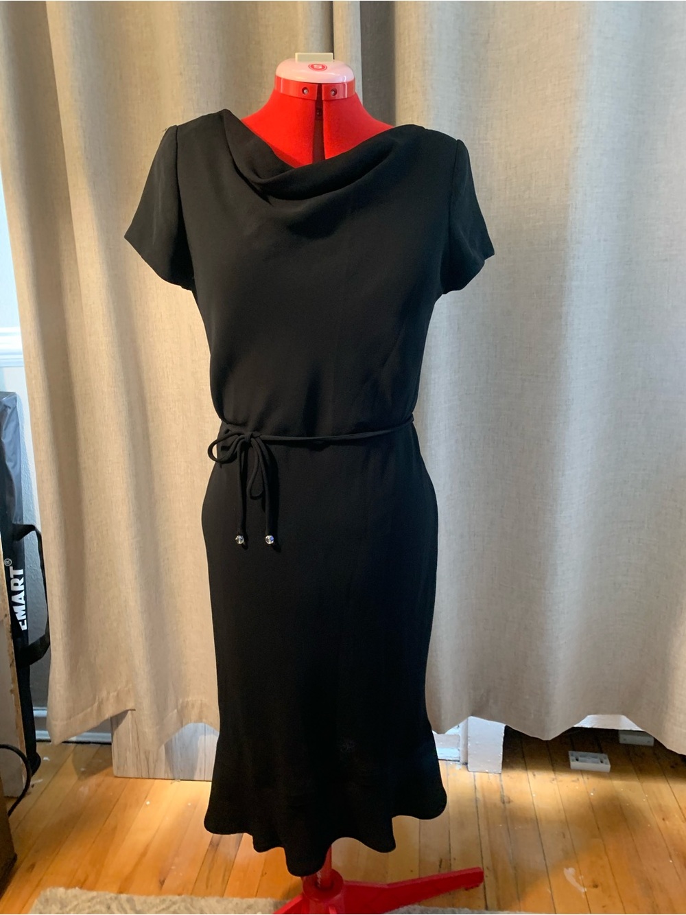 S.L. Fashions Black Cowl-Neck Midi Dress with Tie Waist